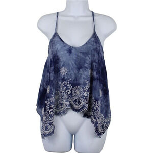 Women's Blue Tie Dye Cropped Top Eyelet Detail Spaghetti Straps Size M